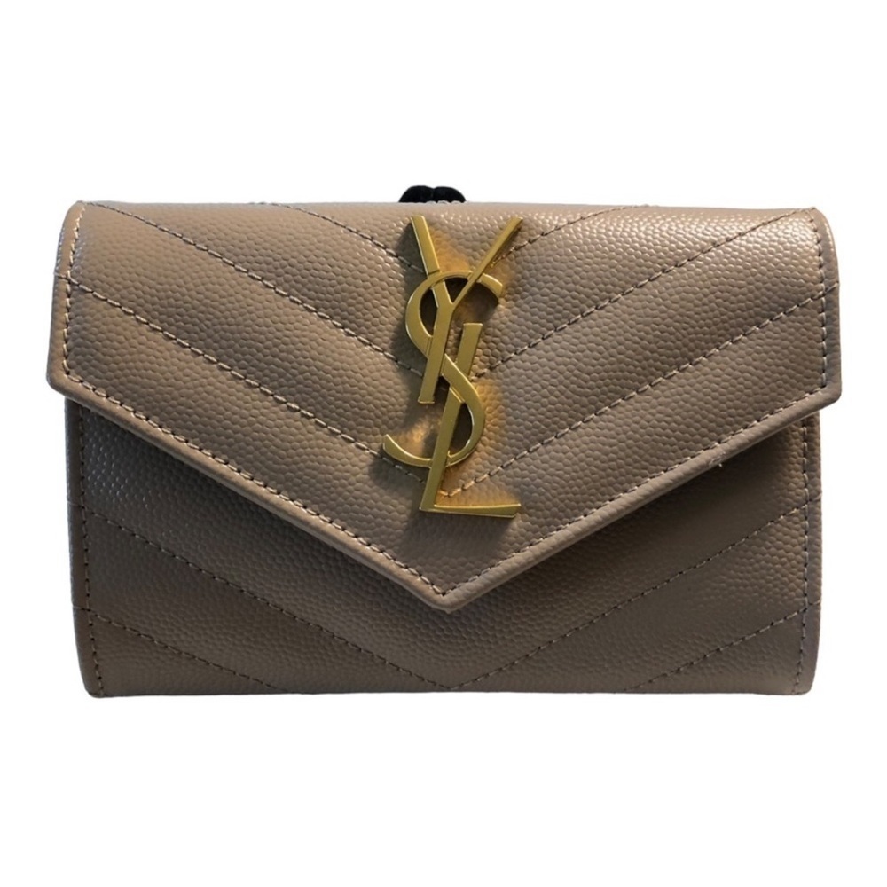 SAINT LAURENT MONOGRAM QUILTED LEATHER FRENCH WALLET DARK BEIGE PREOWNED